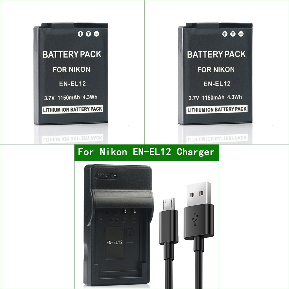 EN-EL12 ENEL12 En EL12 Digitale Camera Batterij + Lader Voor Nikon Coolpix S9300 S9400 S9500 W300 A900 S9900 B600 S610 s710: 2Battery 1Charger