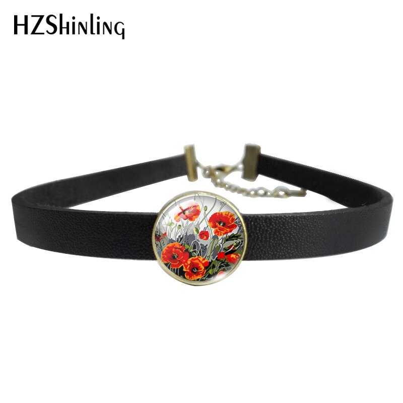 Flower Poppies Leather Choker Necklace Glass Cabochon Dome Pendants Necklace Jewelry: 1 / Black