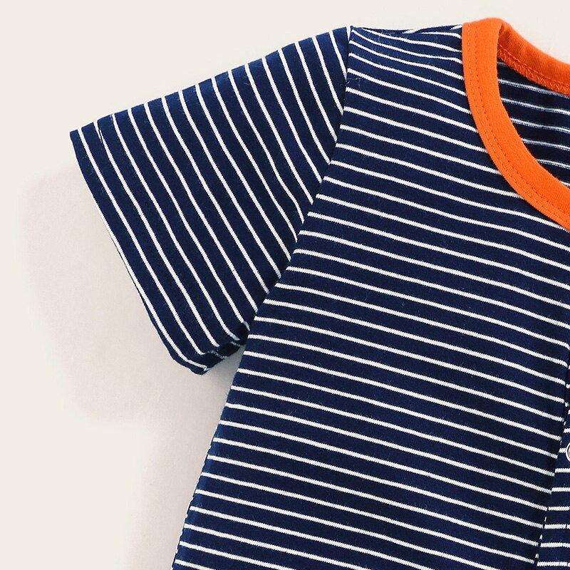 Letnia dziewczynka ubrania dziewczynka/chłopiec 0-24 miesięcy pajacyk dziecięcy z krótkim rękawem ciemny niebieski pasek kombinezon kreskówka wzór w lisa ubrania