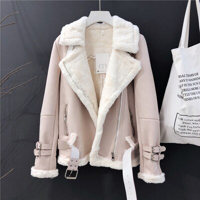 Vinter kvinnor mocka jacka tjock varm fusk lammull jackor kappa lös motorcykel skinnjacka kvinnlig streetwear: Ljusrosa / S
