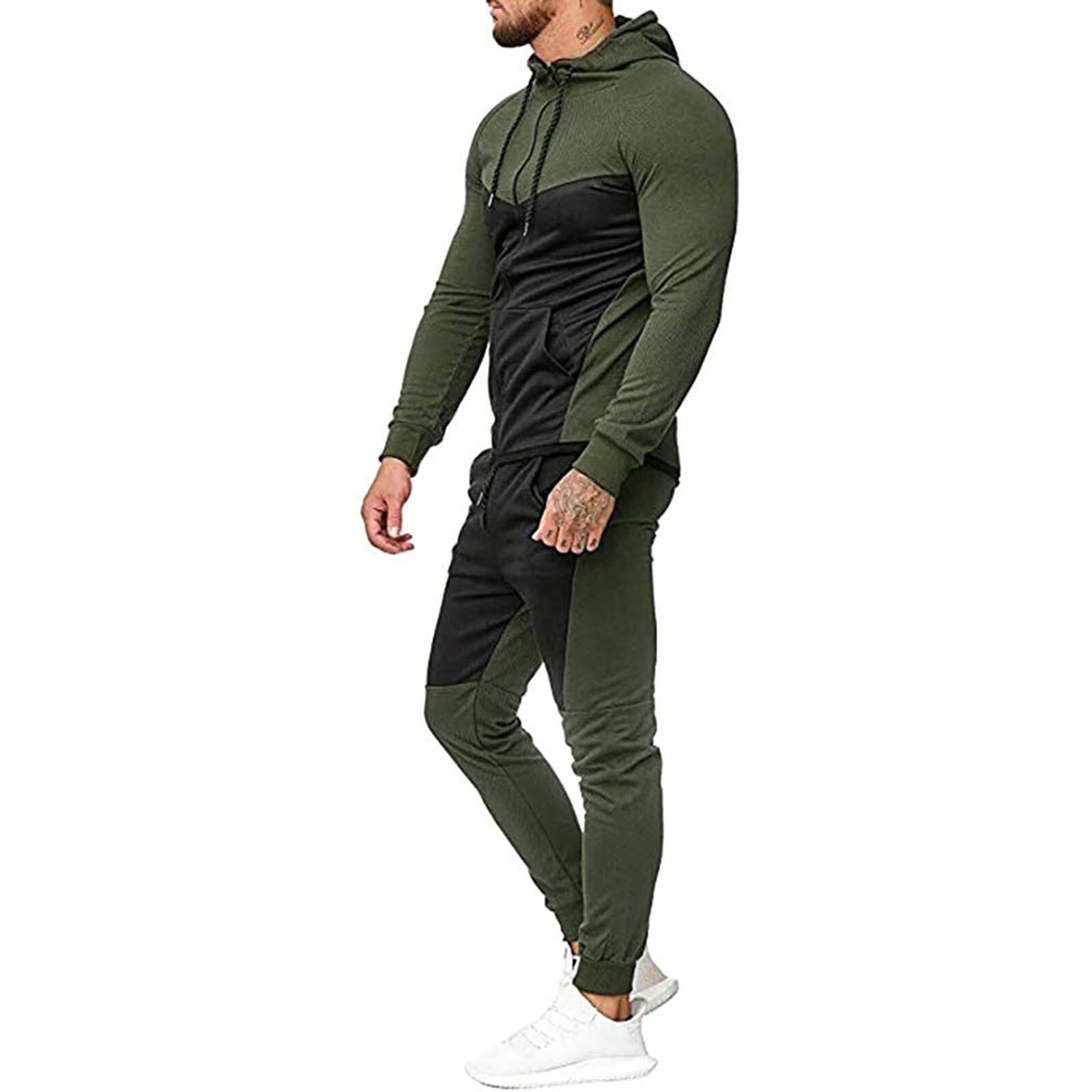 Männer Mit Kapuze Tops Hosen Anzug, Patch Farbe Lange Hülse Hemd Sport Lauf Jogger Hosen: XL / C