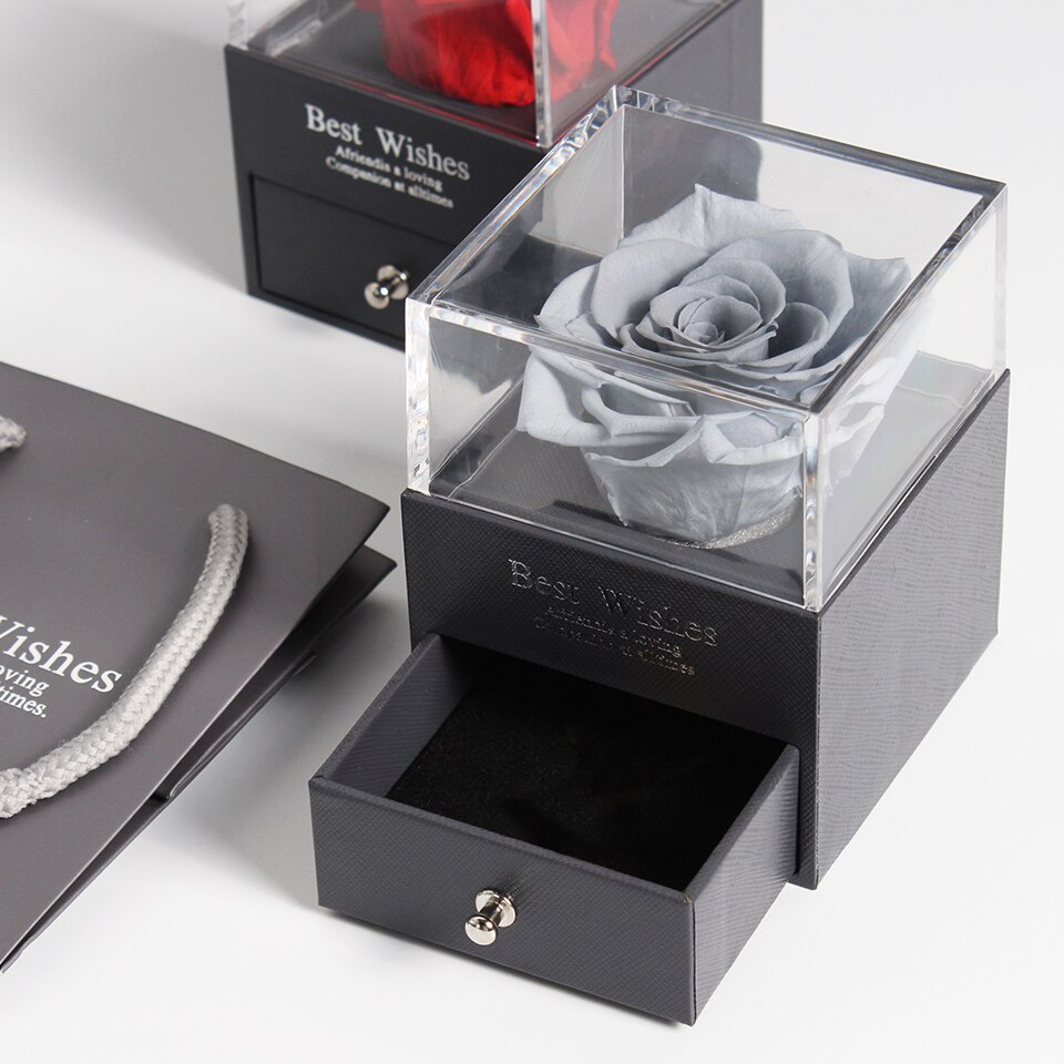 Preserved Real Rose Jewelry Box with Necklace Holder Immortal Flowers Forever Blossom Wedding Birthday Set for Women: grey no necklace