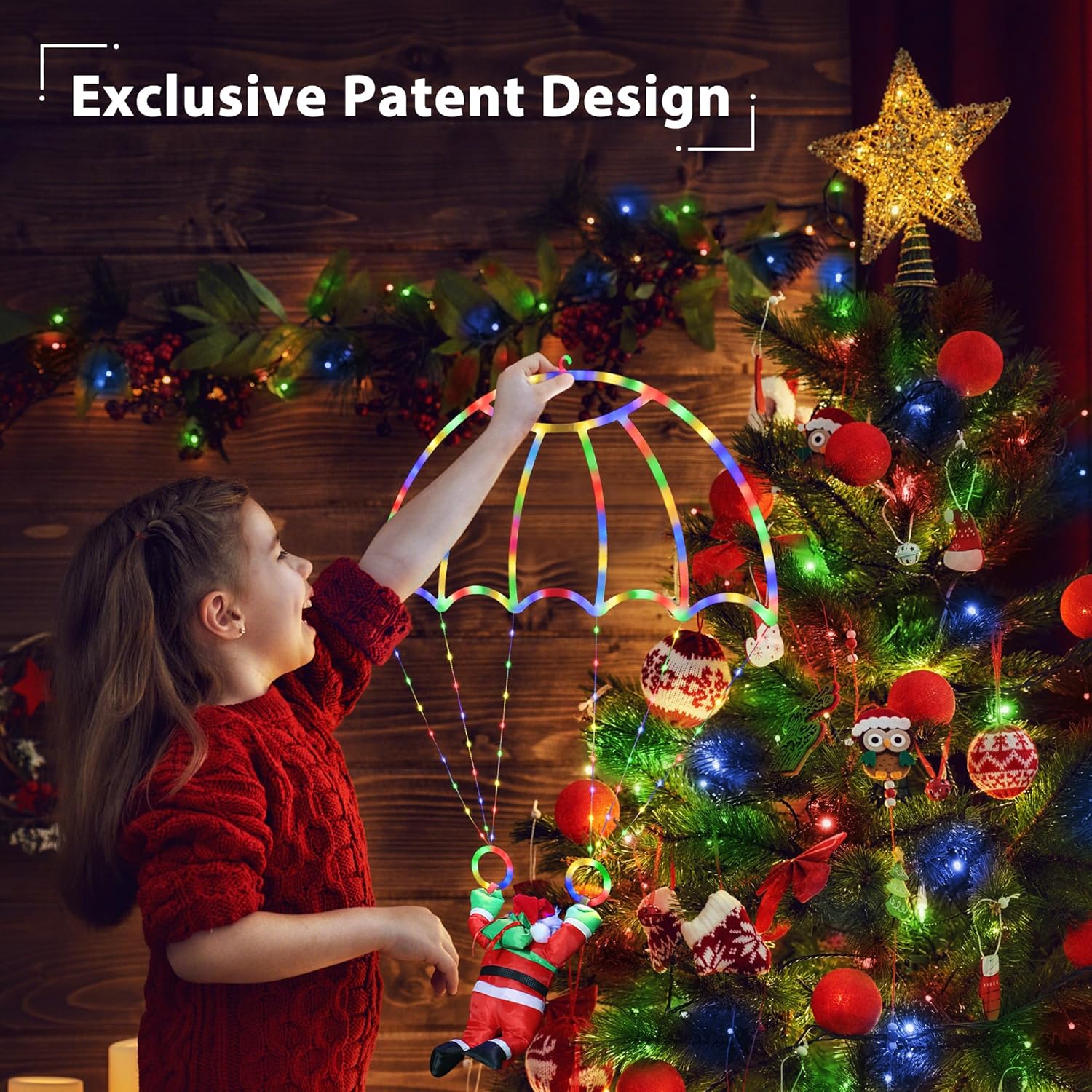 Luces decorativas navideñas para exteriores, luz LED de paracaídas navideña con USB de 2,8 pies y Papá Noel para decoración de jardín, balcón y alero de techo