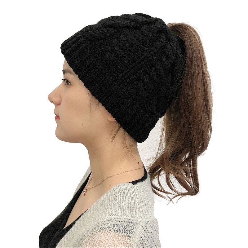 Ladies Girl Stretch Knit Hat Ponytail Beanies Winter Knitting Hats Winter Women Hat Holey Warm Hats Caps