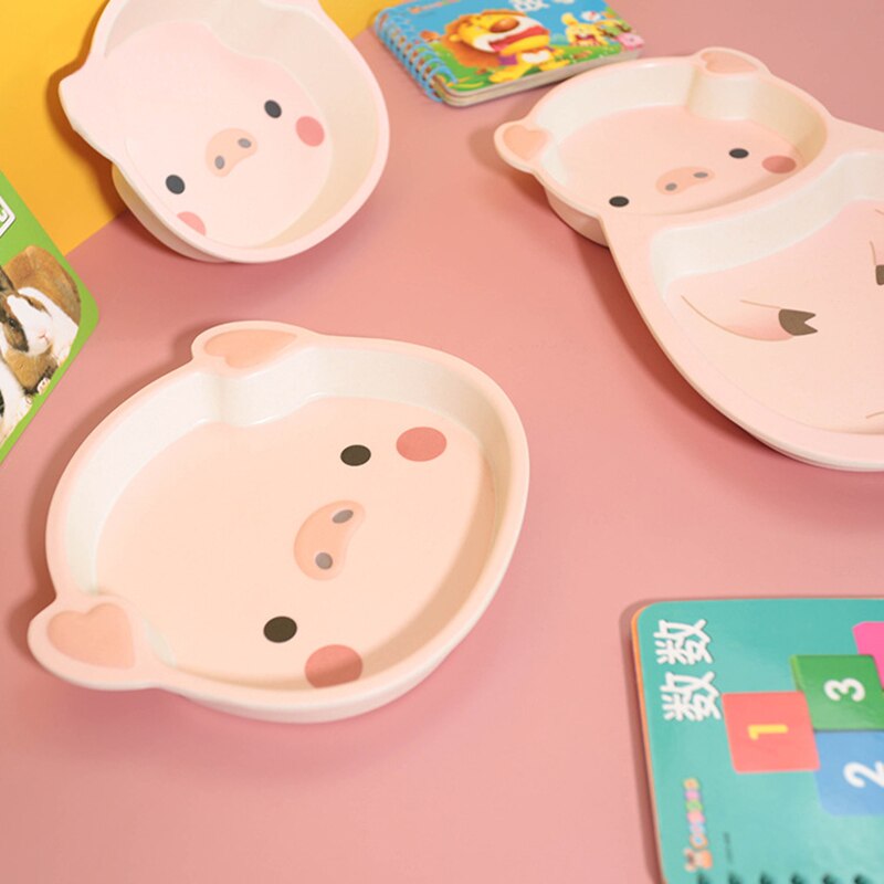 Kids bamboo fiber tableware children's dinner plate set pig shape plate baby feeding cute cartoon animal anti-fall bowl plate