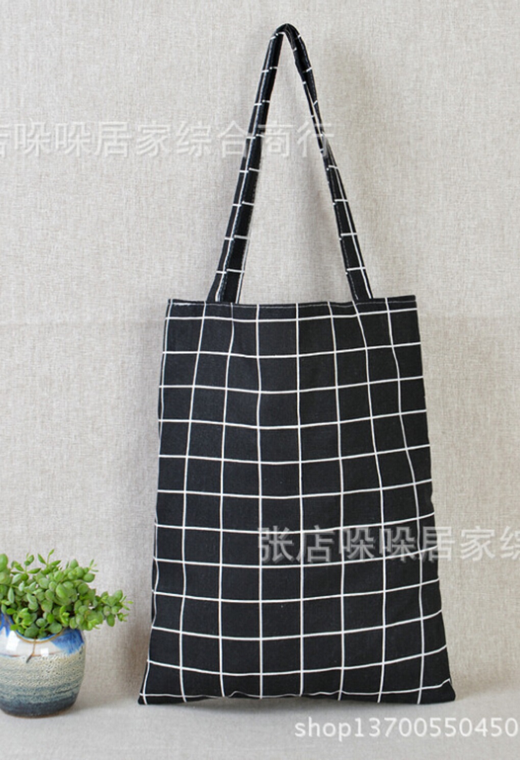 Frauen Baumwolle Leinen Eco Reusable Shopping Tote Lagerung Taschen Handtasche Plaid Schulter Tasche