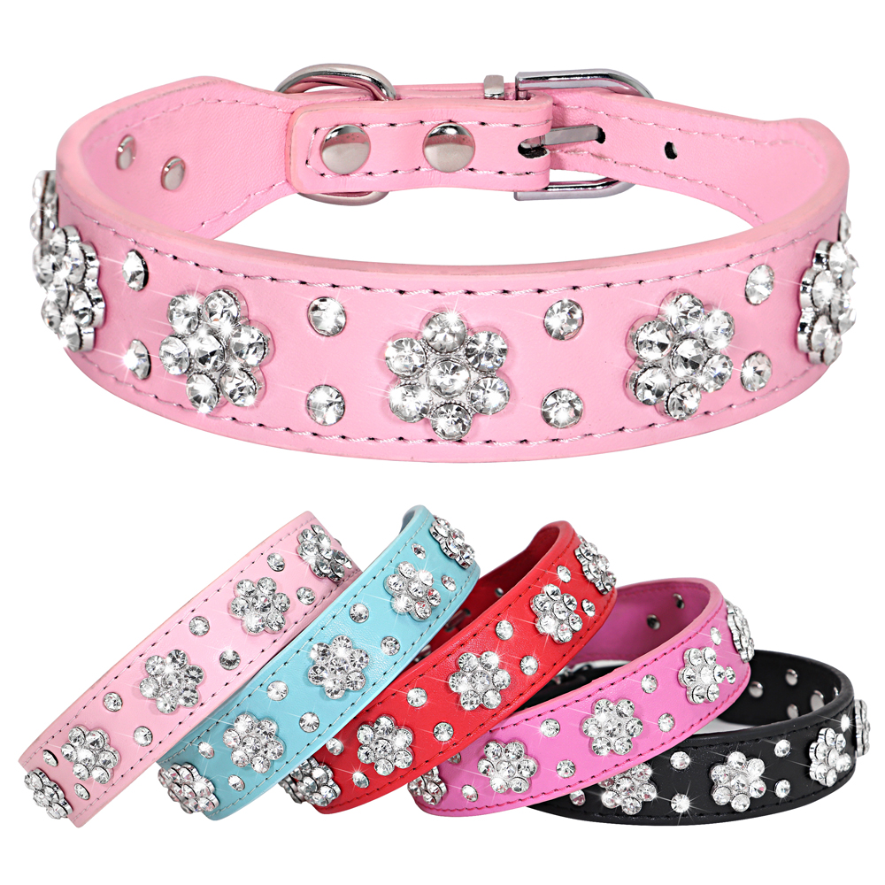 Rhinestone Dog Collar Leather Dog Collars With Bling Crystal Puppy Pet Collars Adjustable For Small Medium Dogs Chihuahua Beagle