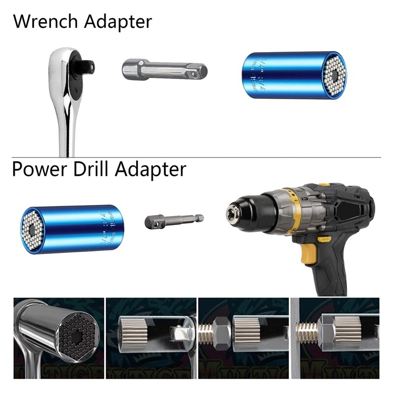 6Pcs Universal Socket (7-19mm) Sockets Tools Multi-Function Wrench Repair Kit with Power Drill Adapter