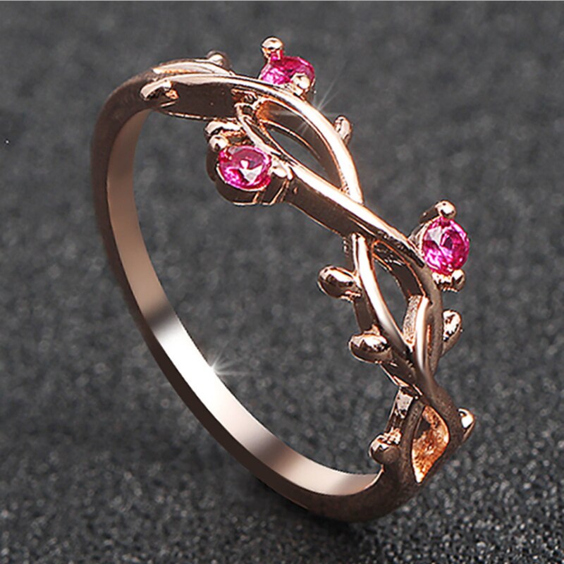 Bloemen Plated Rose Gold Engagement Ring Voor Vrouwelijke Kristal Zirkoon Leaf Verstelbare Dames Trouwringen Voor Vrouwen Sieraden