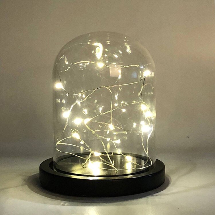 Glass Dome display case for Preserved Flowers bell jar with Wood Base Home wedding dia 10cmor 3.9inch height 12 cm or 4.7inch: led light type A