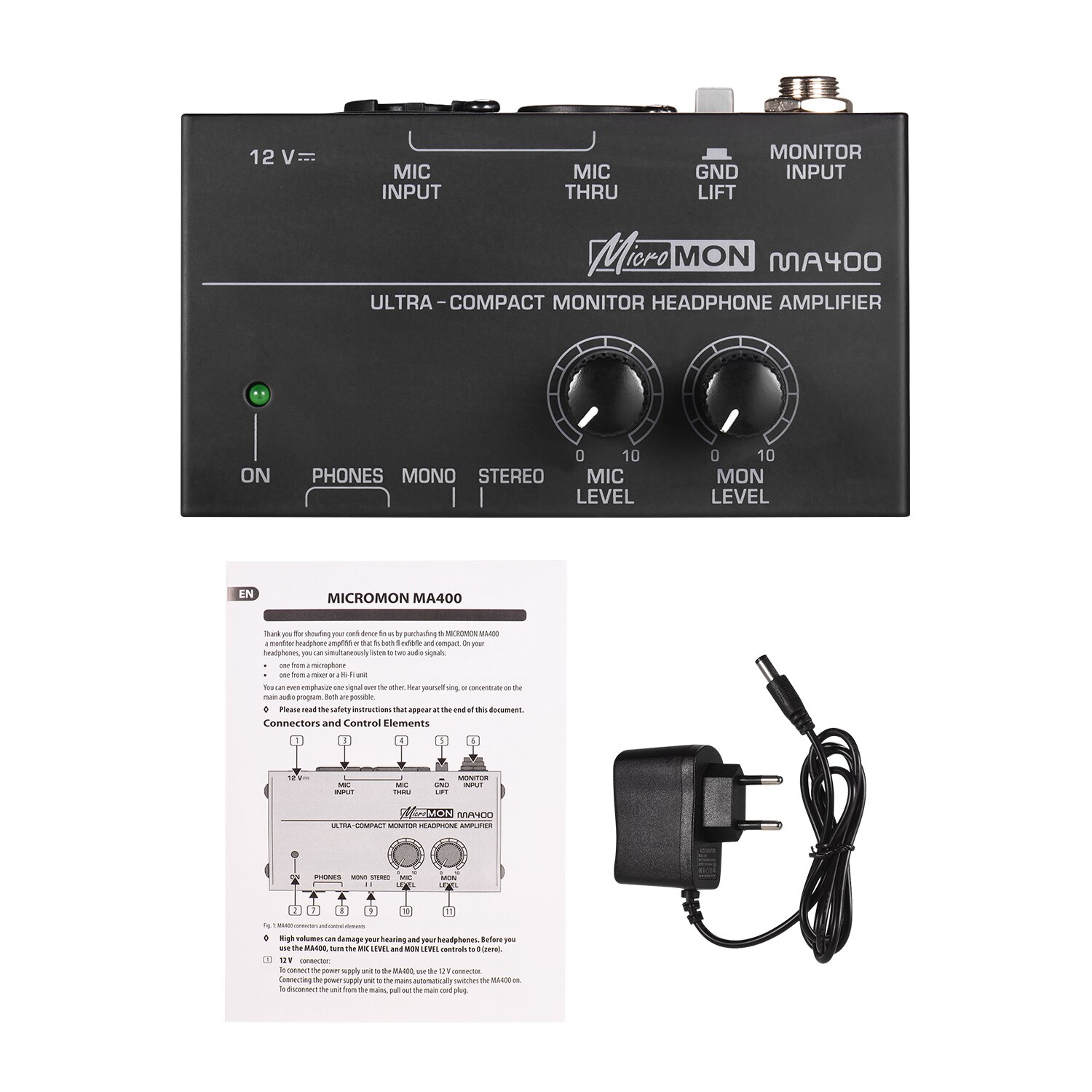 Ultra-Compact Monitor Headphone Amplifier Amp with XLR Microphone Monitor Input 6.35mm & 3.5mm Headphone Outputs Volume Controls: EU Plug