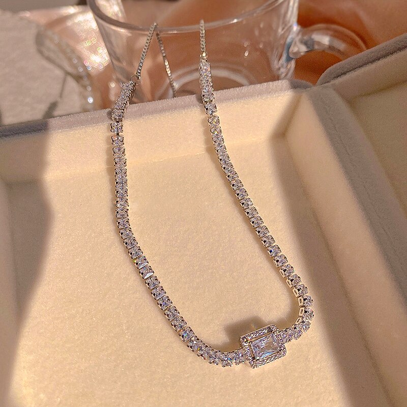 Trendy Exquisite 14K Real Gold Plated Geometrische Vierkante Zirkoon Ketting Voor Vrouwen Meisje Sieraden Aaa Zirkoon: Silver