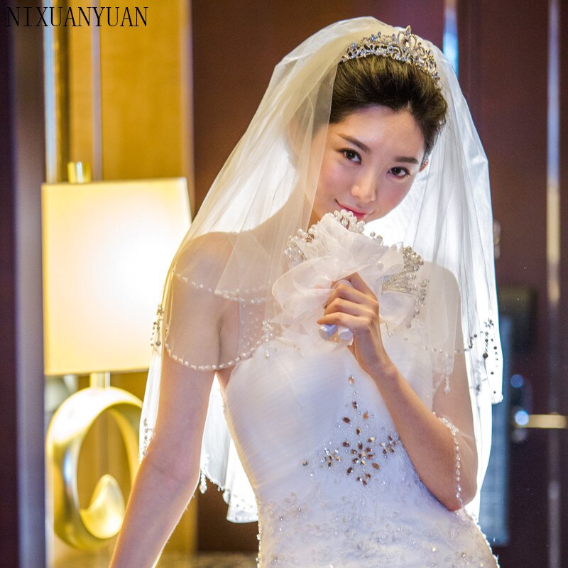 Voiles de mariée en Tulle avec perles deux couches, bord de mariée blanc ivoire, accessoires de mariage, fait à la main,