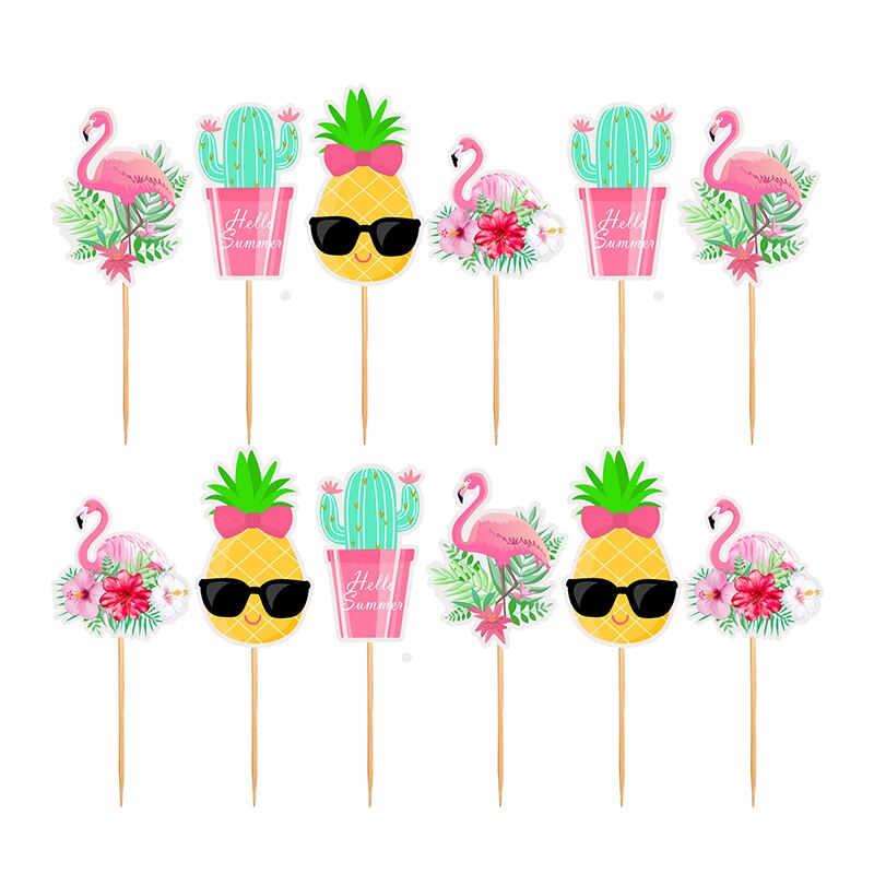 flamingo happy birthday cake decorating summer themed birthday parties cake topper tropical party supplies cupcake decor: Style d 12pcs