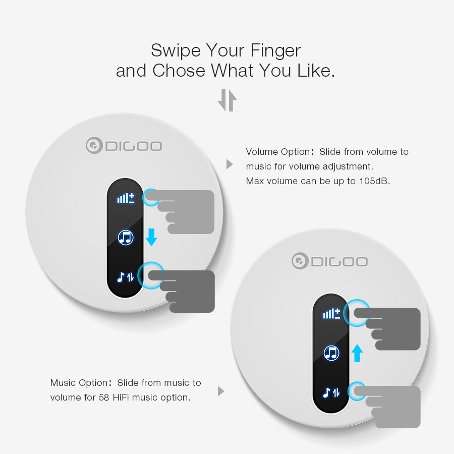 DIGOO 433MHz Transmitter Self-powered Electric Doorbell Waterproof Doorbell Unique Sliding Button 58 Melodies 4 Levels Volume