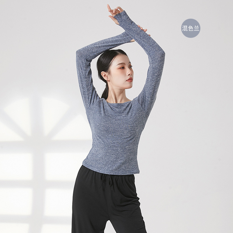 Dansen Praktijk Kleding Voor Vrouwen Folk Stijl Body Rijm Yoga Top Lange Mouw Duim Vinger Gat T-shirt Slim Moderne volwassenen 2XL: M / Black