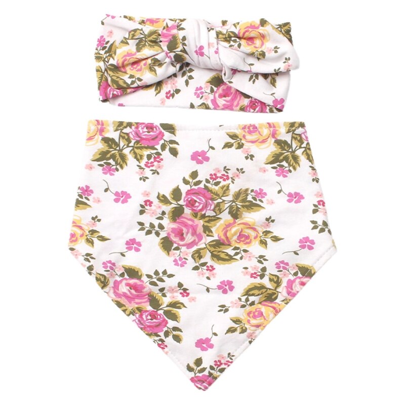 2 Pcs Babyvoeding Kwijl Bib Hoofdband Set Double Side Bloemenprint Slabbetjes Haar Band Kit Speeksel Handdoek Zachte Pure katoen Driehoek Voor