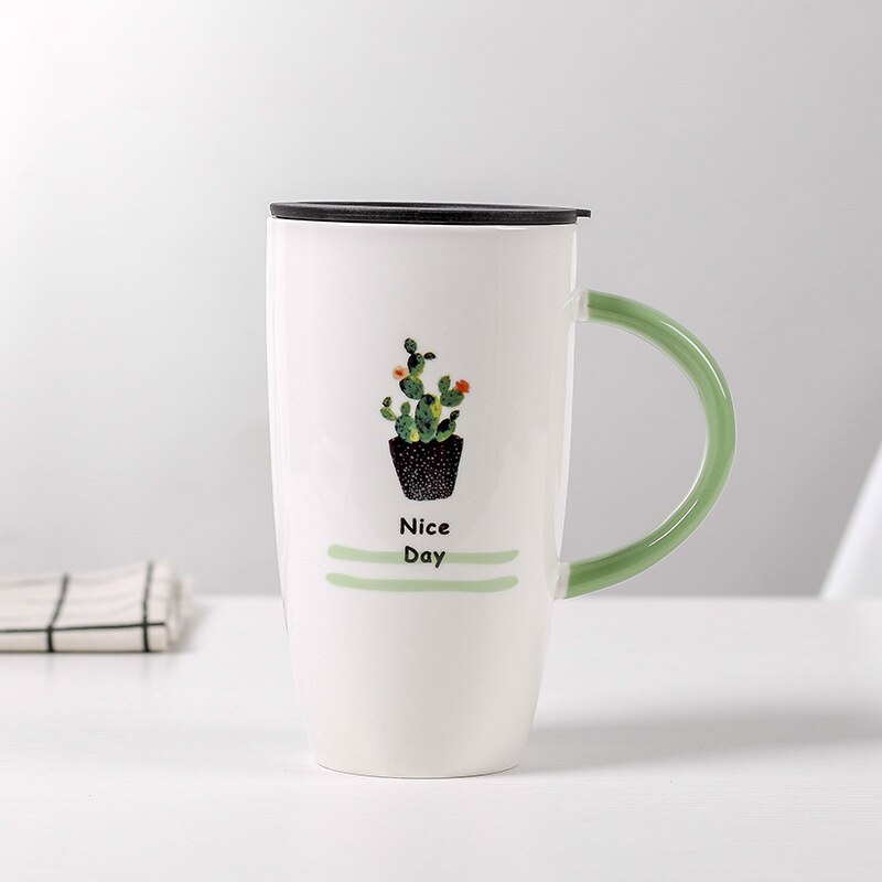 600ml kaktusmönster keramisk mugg med lock tecknade koppar mjölk kaffe te kopp grönt handtag porslinsmuggar fina: 04