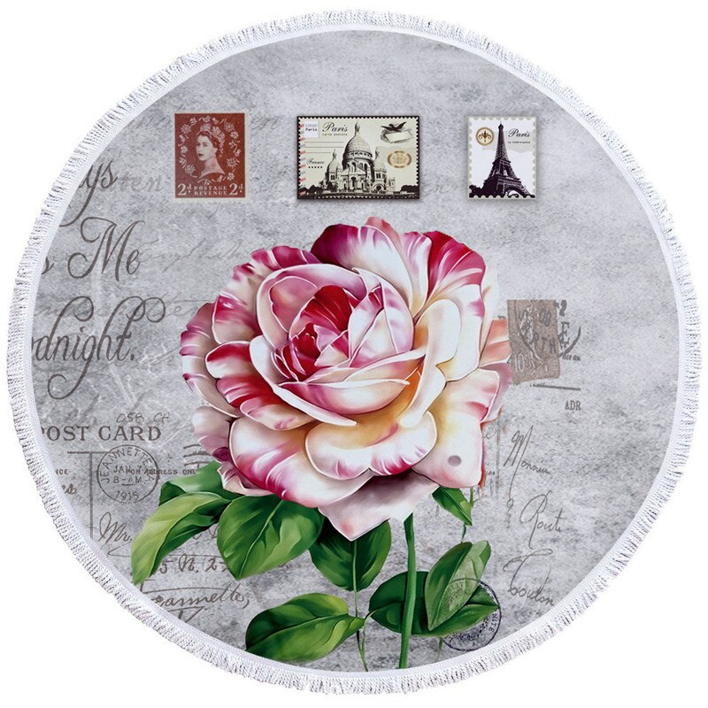 Retro rundt badehåndklæde med kvaster vintage big ben yogatæppe picnicmåtte blomsterbadehåndklæde