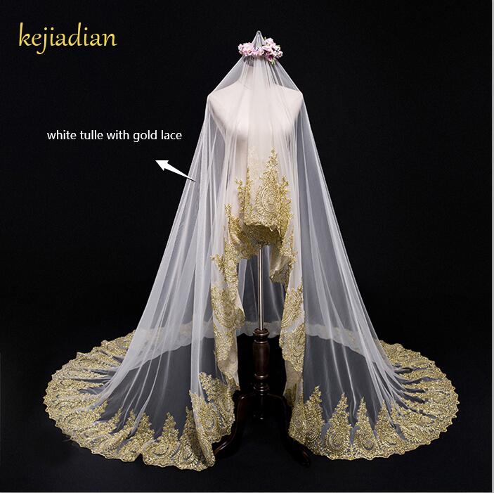 Voile de mariage en dentelle dorée, longueur 300cm, largeur 300cm, accessoires de mariage, de luxe: WHITE