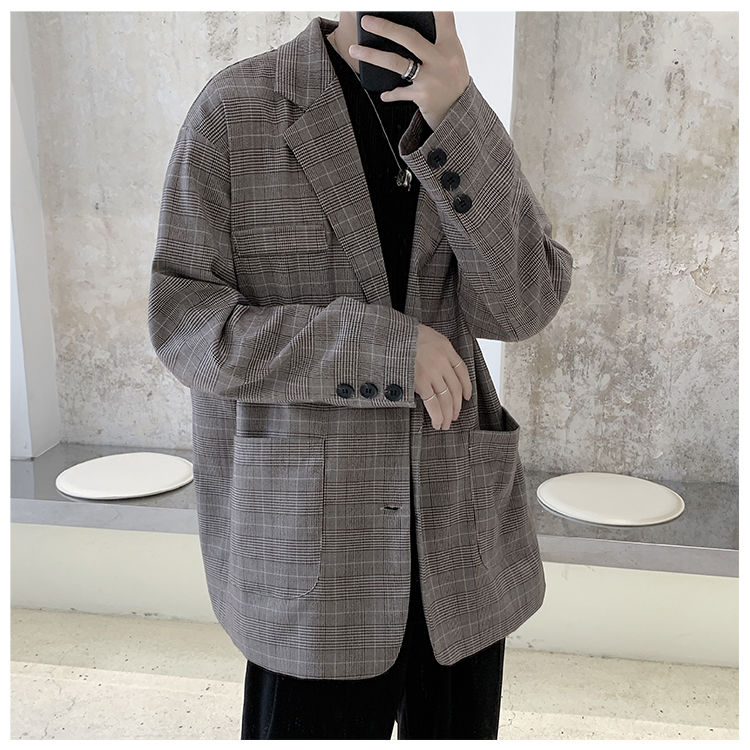 Herre langærmet plaid print blazere jakkesæt løs frakker western tøj tøj overtøj s-xl: Kaffe brun / L