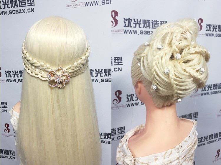 Grote stylingkop met blond haar, 65cm dikke haarpruikenkoppen voor kappersopleiding, mooi mannequinhoofd