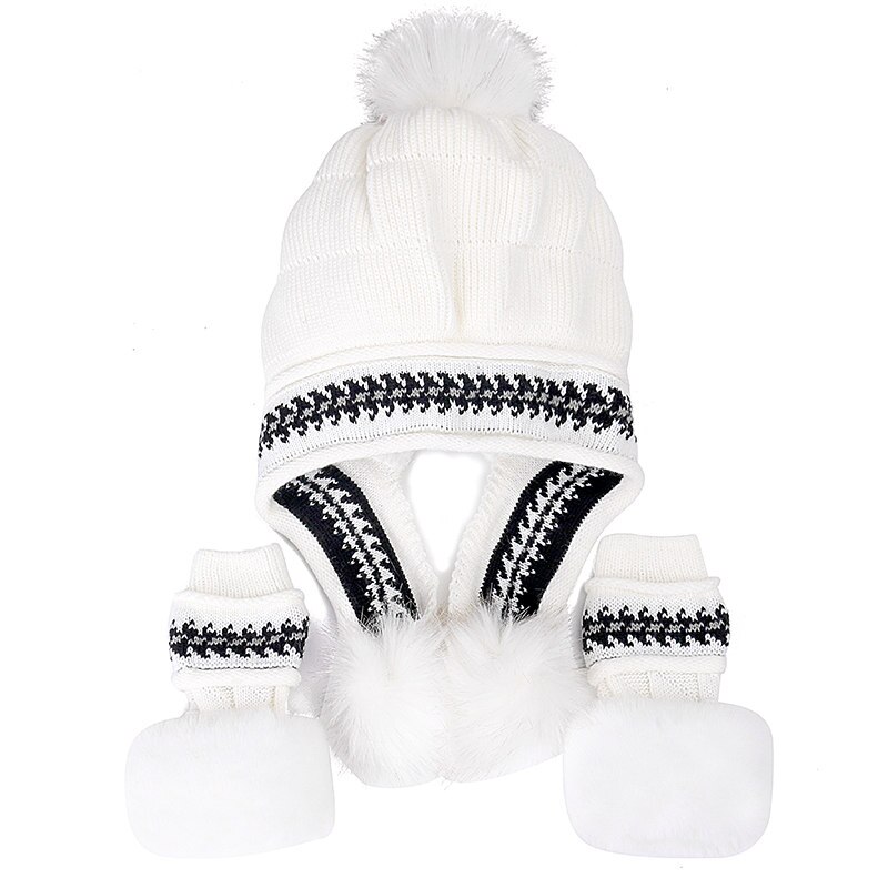 Kvinders vinterhue kvindelig tilføj pelsfor strikket hat med handsker sæt pompoms bold beanie cap piger tyk varm beanie hat: Hvid