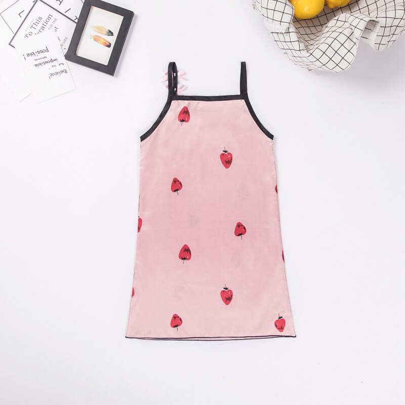Children Clothing Girl Pajamas Dress Girls Silky Pajamas Sling Dress Nightwear Strawberry Cute Print Pattern Sleepwear Summer