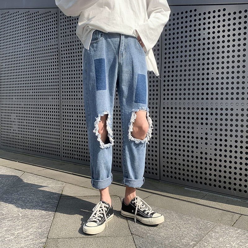 Sommar slitna raka jeans herr retro casual hole jeans herr streetwear wild lös hip hop jeansbyxor herr m -2xl