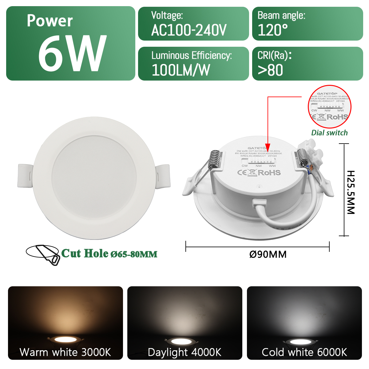 2 uds foco LED empotrable Dial Swich CCT luz de techo ajustada de 3 colores AC 120V 220V 3000K 4000K 6500K iluminación interior: Azul