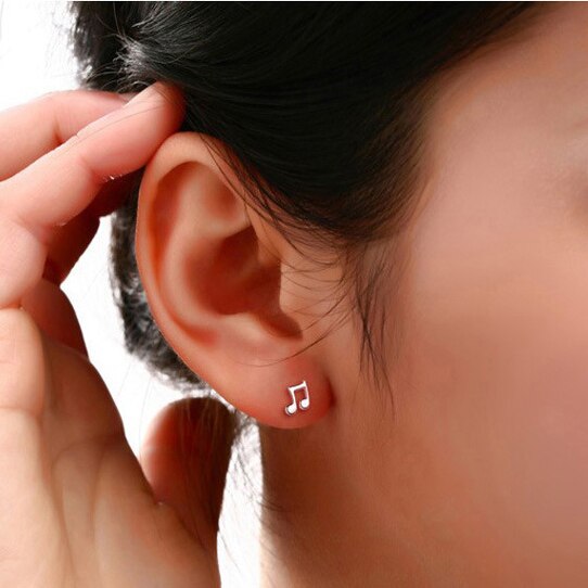 Pendientes pequeños de plata de ley 100% para mujer, joyería a la , con cierre de tuerca, con nota musical, para niña y mujer, NY104