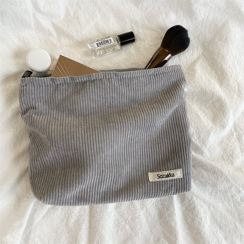 Bolsa de cosméticos de viaje de pana, bolsa de almacenamiento de maquillaje portátil, monederos para mujer de gran capacidad con cremallera, organizador de maquillaje, bolso de mano de almacenamiento: Gris oscuro