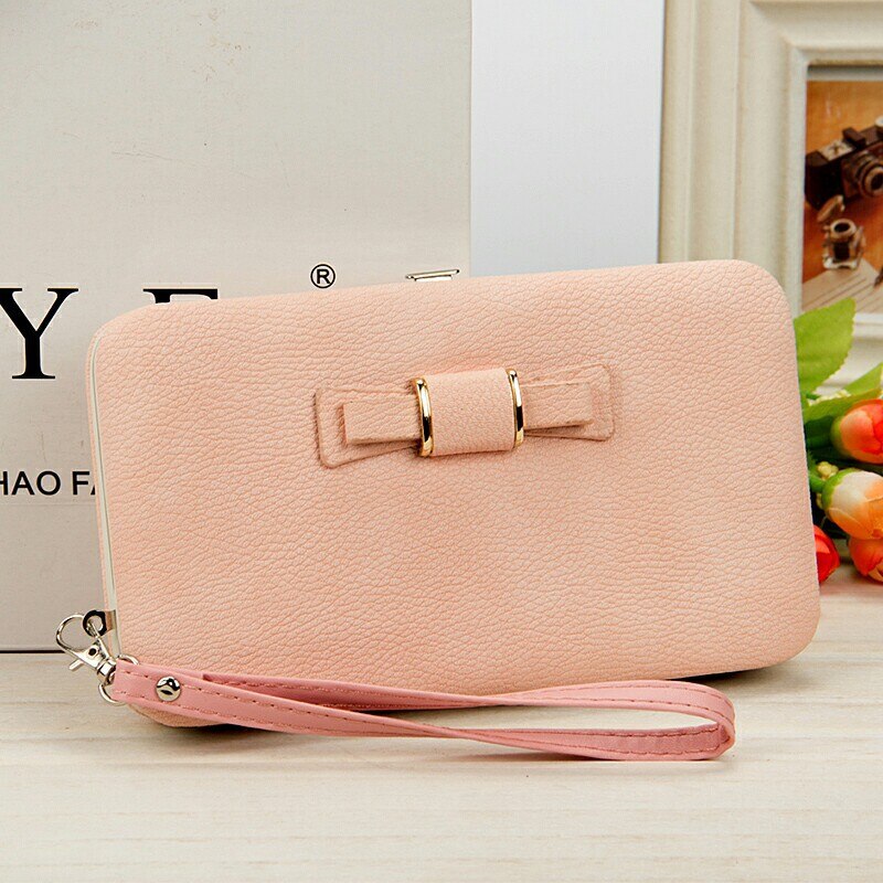 Baellerry Wallet Women Metal Frame Snap Button Coin Purse Mobile Phone Bag Bow Female Bag Good Support Name Engraving: Pink