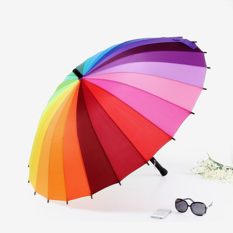 24k ribbe farge regnbue langt håndtak rett anti-uv sol/regn stick paraply manuell stor parasoll