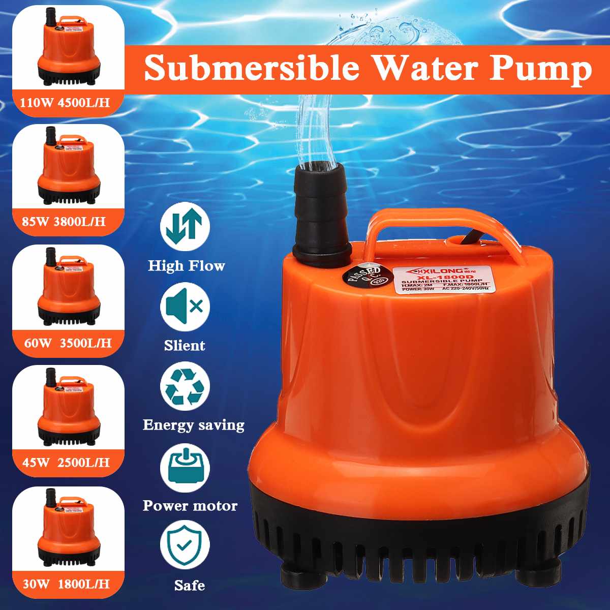110W Submersible Water Pump Aquarium Fish Pond Tank Bottom suction Spout Control Clean Water change filter manure suction pump
