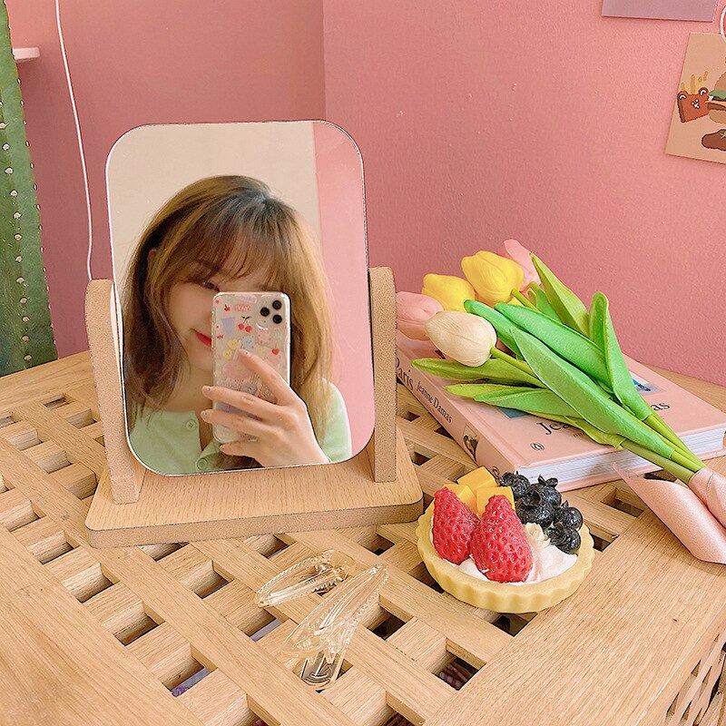 Abstract Wind Contracted Wooden Mirror Can Rotate Lovely Girl Student Desktop Makeup Mirror Web Celebrity Dressing Mirror