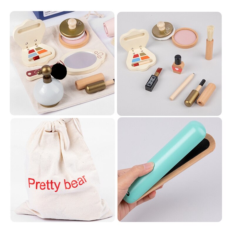 Baby Wooden Girls Make Up Set Toys Pretend Play Cosmetic Bag Beauty Hair Salon Toy Makeup Tools Kit For Christmas