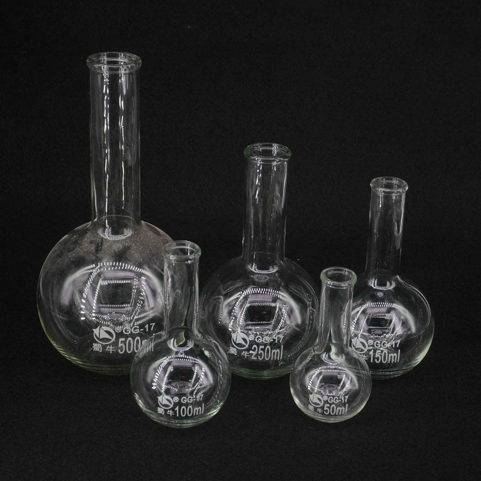 100Ml Enkele Lange Hals Platte Kolf Thermostabiliteit Voor Laboratorium