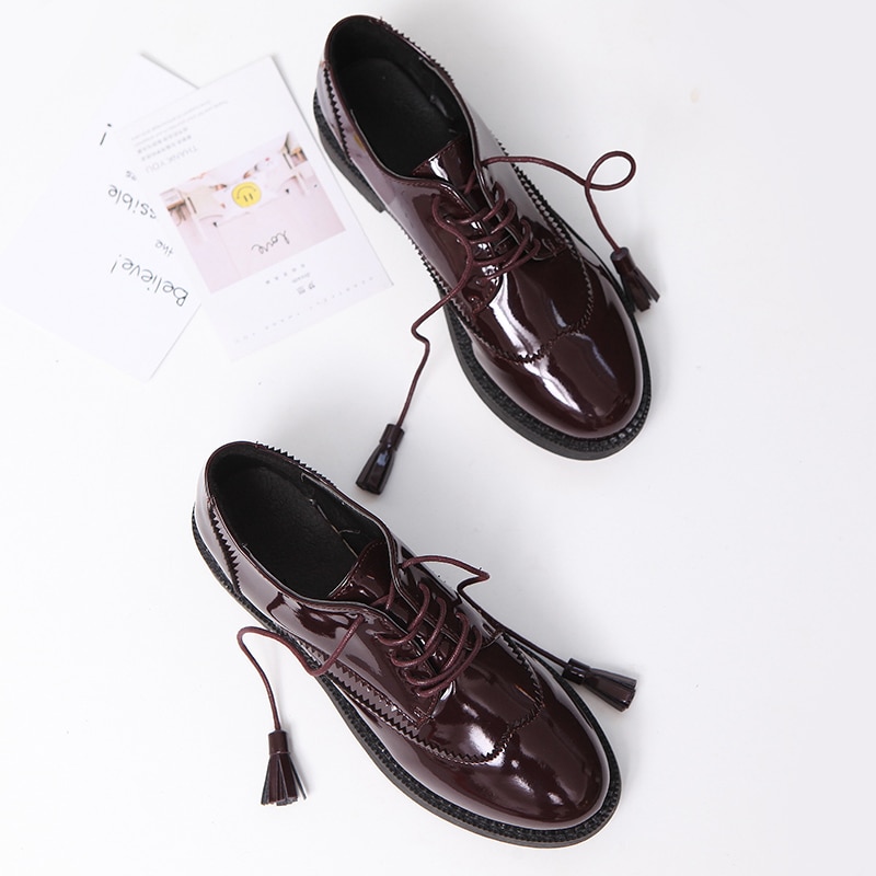 Kvinner vår høst fritidssko for flat frynser rund tå oxford kvinnelig retro svart plattform oxford sko for kvinner sko  c0-43