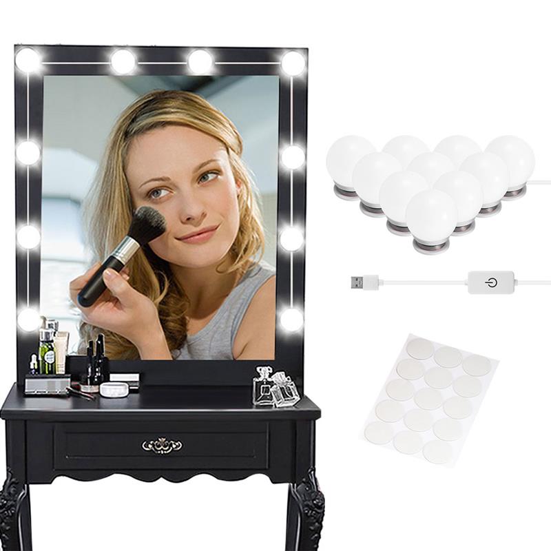 Usb led 12v makeup lampe 10 pærer kit til toiletbord trinløs dæmpbar hollywood forfængelighed spejl lys 8w