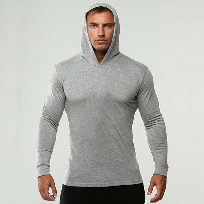Ropa de gimnasio de Color sólido, camiseta ajustada de manga larga con capucha, Sudadera con capucha transpirable de algodón, ropa deportiva muscular para culturismo y Fitness para hombre