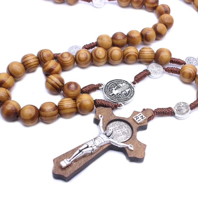 Handgemaakte Ronde Bead Katholieke Rozenkrans Kruis Religieuze Hout Kralen Mannen Ketting Charm E7CB