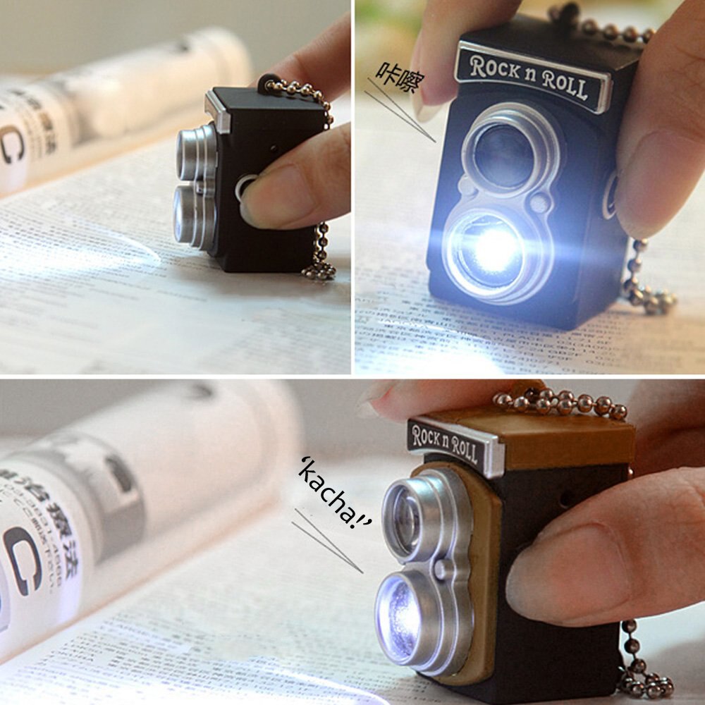 Söt mini dubbel lins reflex tlr kamera stil led blixt ljus ficklampa slutare ljud nyckelring