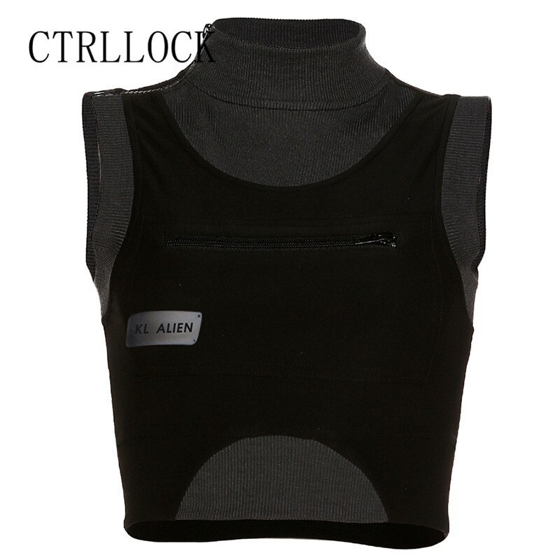 Ctrllock Techwear Punk Mouwloze Elastische Kleur Patchwork Pocket Vrouwen Tank Tops Zomer Streetwear