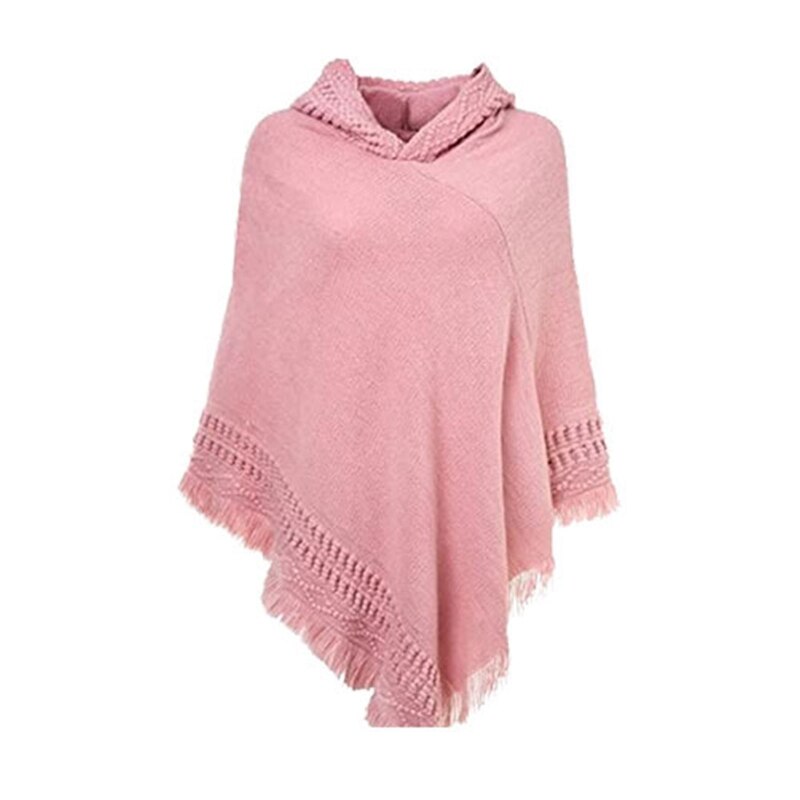 Femmes hiver tricot à capuche Poncho Cape Crochet frangé gland châle Wrap pull M89E: Rose