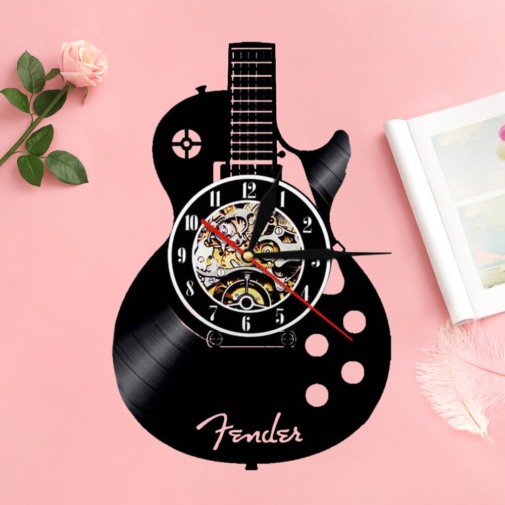 Guitar Shape Wall Clock Vinyl Record Wall Clock Living Room Wall Hanging Clock (without Lamp Shipment without Battery): Black 2