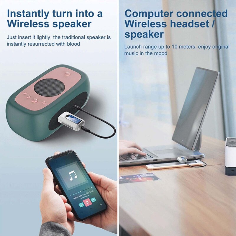 LCD Screen Display Bluetooth 5.0 Adapter Bluetooth Transmitter Receiver 2 IN 1 Wireless Audio 3.5mm USB AUX