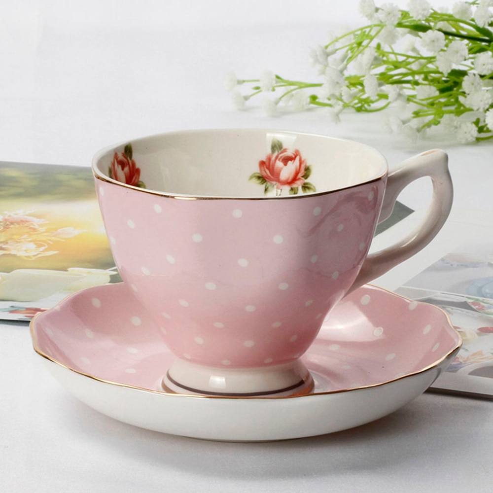 Estilo británico Rosa China de hueso taza de café y platillo de té de la tarde estilo Pastoral flor taza de té