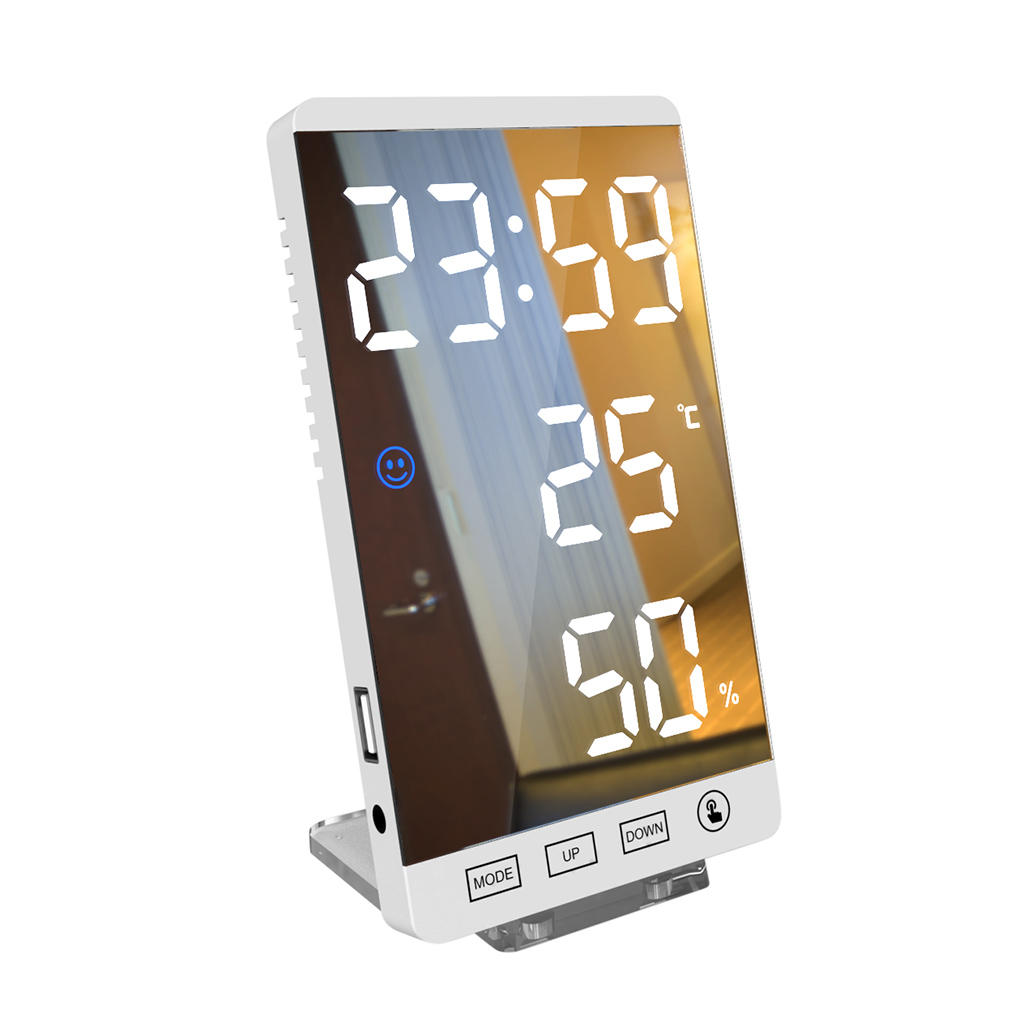 6 Inch LED Mirror Alarm Clock Touch Button Wall Digital Clock Time Temperature Humidity Display USB Output Port Table Clock: 04
