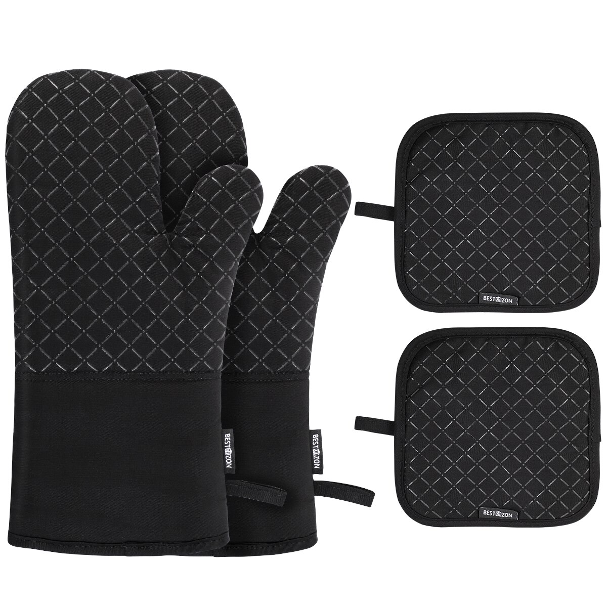 Set Of Oven Mitt And Heat Resistant Pot Holder Pad Protective Oven Gloves The Goods For Kitchen Gadgets Party Year Xmas: Black